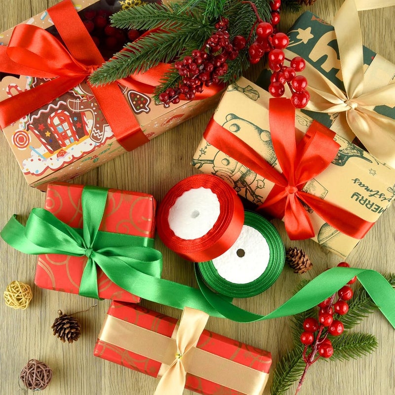 ASTARON Satin Ribbon for Christmas Crafts, 1 Inch, Red, Green, Gold Solid Color, DIY Hair Bows, Silk Ribbon for Gift Wrapping, Bouquets, Decorations - Image 2